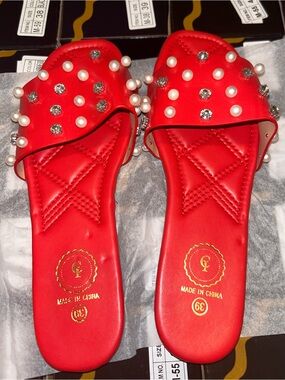 Pearl & Crystal Embellished Red Slide Mules